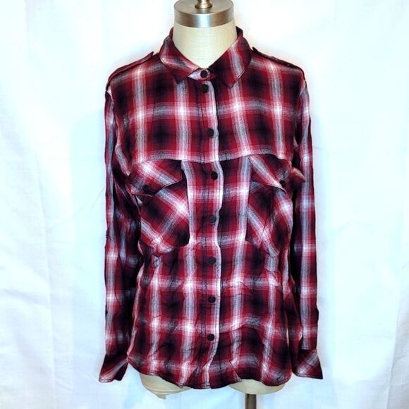 Sanctuary Dark Red Plaid Boyfriend Snap Button Shirt Size Small - Picture 1 of 7